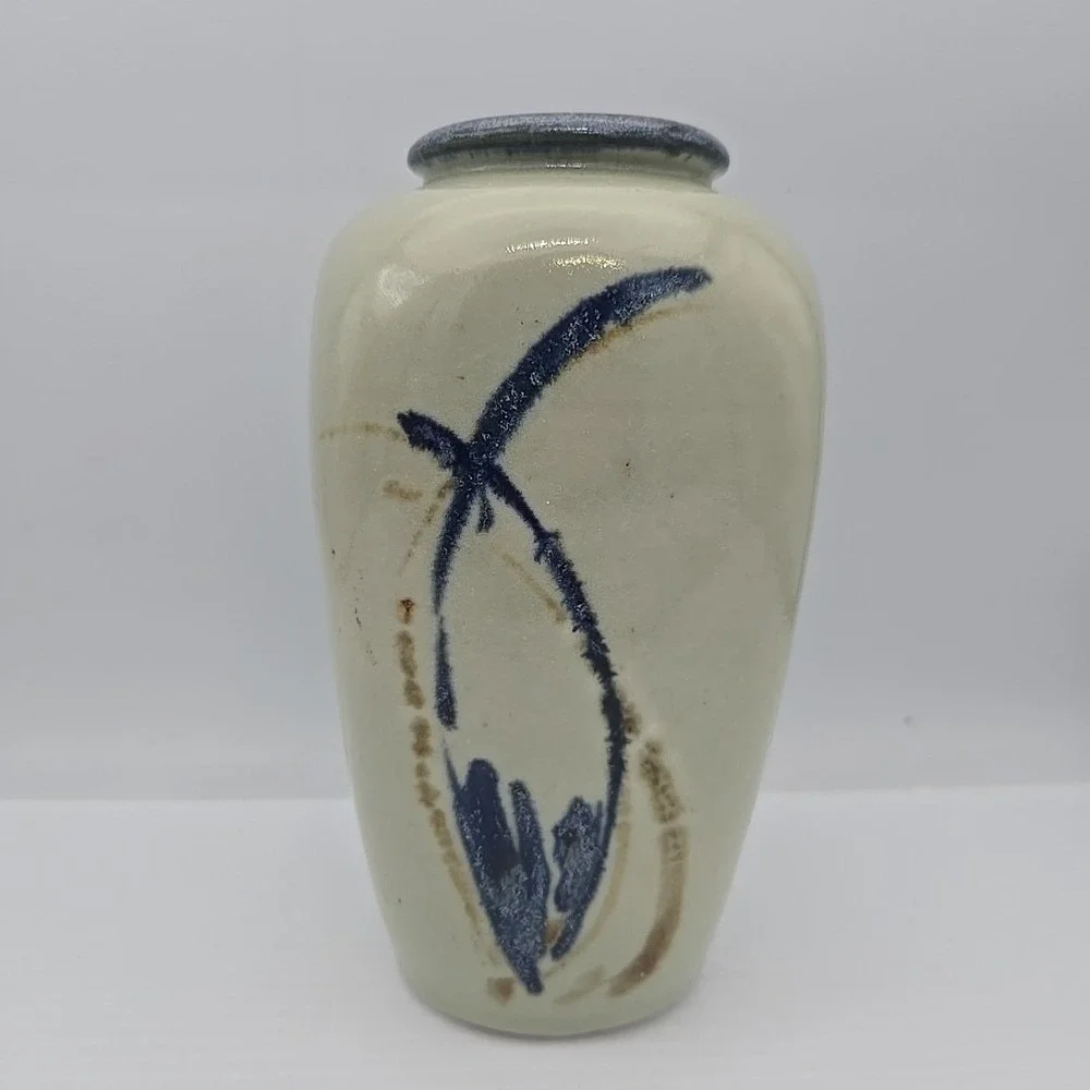 Vintage Studio Art Pottery‎ Vase Flowers Abstract Glazed Cobalt Signed